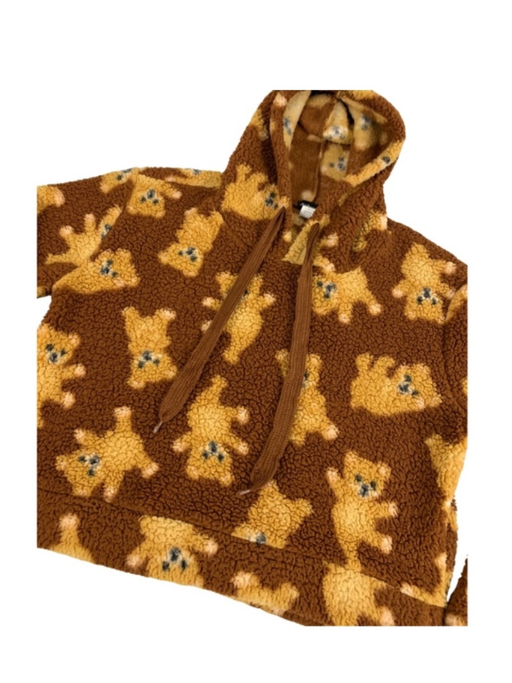 Weekending Teddy Bear Fleece Pullover Sweater Women's M Cozy Hooded Cropped Y2K